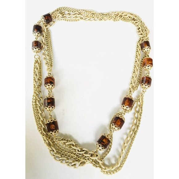 Sarah Coventry Jewelry - Sarah Coventry Vintage Neckace Long Chains Root Beer Beads Golden Lanterns